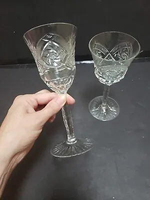Buy (2) WINE Glasses Goblets 6-7/8 , Bohemian Crystal Cut Pinwheels & Arches • 37.89£