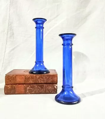 Buy Pair Cobalt Blue Recycled Glass Column Pillar Candlesticks 8 Inches ( 20 CMS ) • 20£