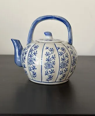 Buy Vintage Chinese Teapot Porcelain Pumpkin Shape Blue White Lidded Collectable • 6£