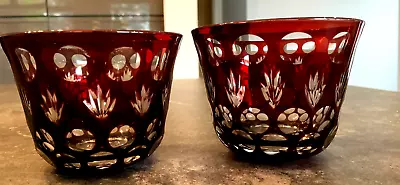 Buy Lovely Pair Of Deep Ruby Glass Bohemian Cut To Clear Tumblers • 36£