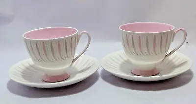 Buy Queen Anne Cresta Tea Cup And Saucer Pink Grey Design Vintage Fine Bone China • 16.99£