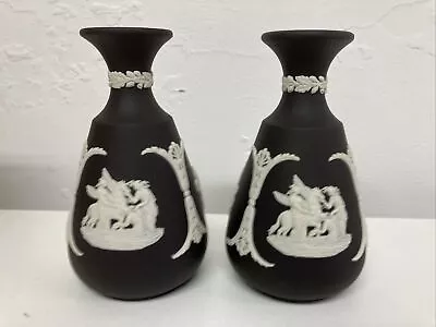 Buy A Pair Of (2) Wedgwood Made In England Black Jasper Ware Bud Vases 12.5 Cm Tall • 45£