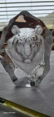 Buy Mats Jonasson Sweden 17.5cm Signed Etched Crystal Tiger Glass Sculpture  3567 • 80£
