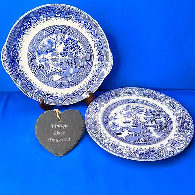 Buy Vintage OLD WILLOW Blue And White China * CAKE PLATE + DINNER PLATE * 1960s VGC • 9.94£