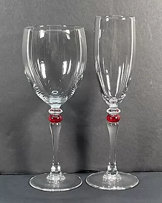 Buy 2 - French Vtg Luminarc Cortina Champagne Flute & Wine Glass  Red Ball Stem • 21.81£