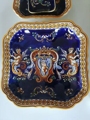 Buy RENAISSANCE BLUE DECO, GIEN - French Antique Square Dish Cup Tray Cardholder • 74.50£