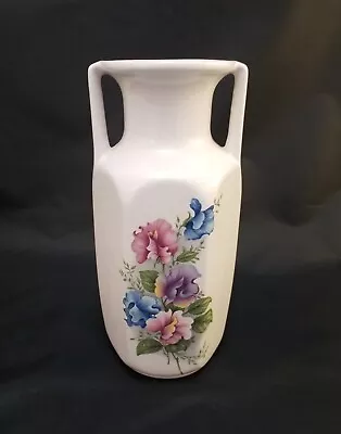 Buy Kingston Pottery White Ceramic Twin Handled Floral Transfer Design Vintage Vase • 7.99£