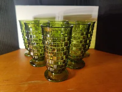 Buy 6 Vintage Avocado Green Indiana Whitehall Cubist Tumblers Footed Drink Glasses • 56.99£