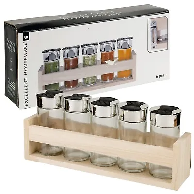 Buy 5 Empty Spice Herb Glass Jars Pots & Wooden Wall Hanging Mounted Storage Rack • 9.49£