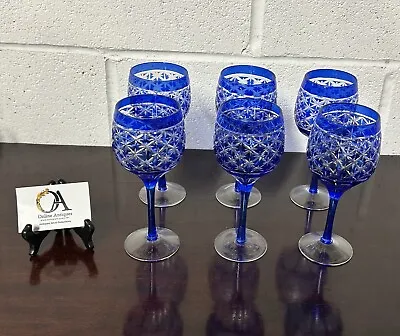 Buy Six Beautiful Stunning Vintage Cobalt Blue Cut Glass Wine Glasses • 155£