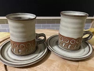 Buy 2 X RUSTIC TREMAR POTTERY CORNWALL LOW HANDLED FLARED TOP MUGS & SAUCERS VGC. • 11.99£
