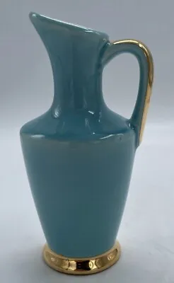 Buy Vintage American Art Pottery Blue With Gold Gilt 7” Pitcher Vase Signed USA 210 • 14.17£