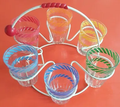 Buy Vintage Retro 1950-60s Shot Drinking Glasses Colourful Printed Wire Stand Kitsch • 19£