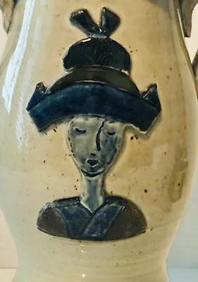 Buy Handmade Studio Art Pottery Vase/vessel With Handles & Lady With A Hat, Signed • 17.33£
