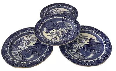 Buy Plate Dinner Burleigh Ware Willow Pattern X 4  Blue & White Vintage Free Postage • 19.99£