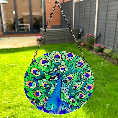 Buy Stained Glass Suncatcher Pretty Peacock Hanging Round Garden Decoration Bird Art • 25£