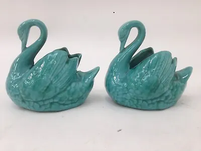 Buy Vintage Anglia Pottery Swans Turquoise AP190 Pair 10cm Tall Good Condition • 6.99£