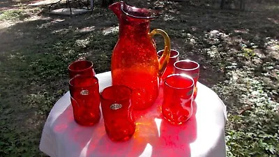 Buy Vintage Large Blenko Amberina Crackle Glass Pitcher W/ 6 Pinched Tumblers • 174.82£