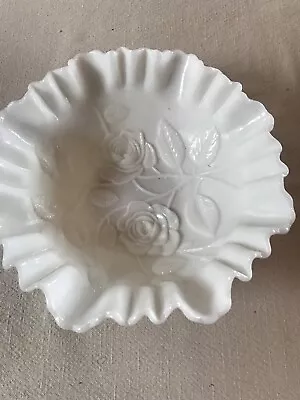 Buy Vintage  White Milk Glass Rose Flower Design Decorative Ruffled Bowl Dish” 9  • 8.53£