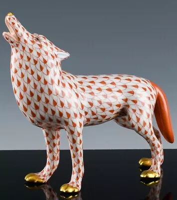 Buy Larger Authentic Herend Hungary Rust Fish Scale Howling Wolf Porcelain Figurine • 106.88£