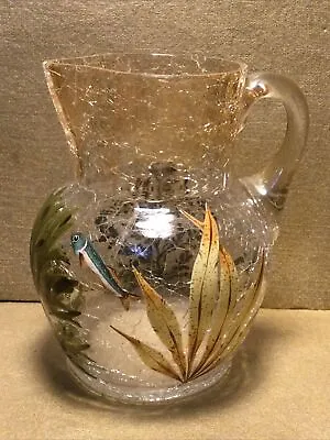 Buy Antique Moser Crackle Glass Pitcher 5.5” Fish/Marine Theme Clear Lt Amber Mouth • 232.24£