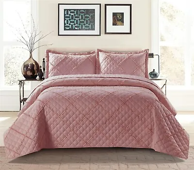 Buy Embossed Ruffle Quilted Bedspread Bed Throw Single Double King Size Bedding Set • 19.99£