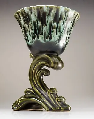 Buy Devonshire Potteries Sage Green Wave Vase, Drip Glazed, Pedestal Bowl • 28.32£