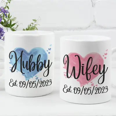 Buy Hubby Wifey Personalised Wedding Date Mug Set / Joint Gift MR & MRS Husband Wife • 14.99£