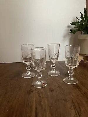 Buy Floral Etched Cut Glass Sherry Glasses X 4 Vintage Bar Ware Picnic Party • 16£