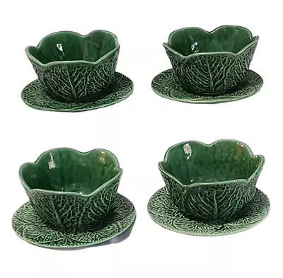 Buy Vintage Majolica Green Cabbage Leaf Bowls And Underplates - 8 Pieces • 135.17£