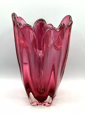 Buy Vintage Hand Blown Art Swung Glass Vase Pink Cranberry Glass • 52.96£