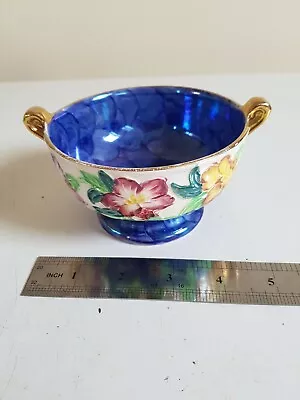 Buy Maling Pottery Godetia Blue Lustre Footed Bowl Thumbprint Floral Gilded Handles • 24.99£