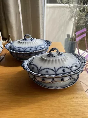 Buy Pair Of Furnivals  Flow Blue Transfer Chippendale Pattern Soup Tureen C.1900s • 39.50£