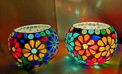 Buy Stained Glass Style Tea Light Holders Pair Table Or Shelf Decoration Handmade • 19.99£