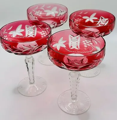 Buy 4 Pc Nachtmann AJKA Bohemian Cranberry Cut Clear Crystal Champagne Compote Glass • 163.91£