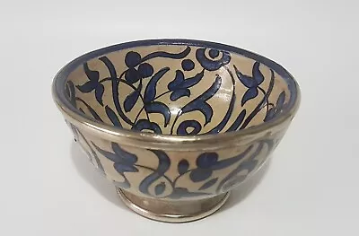 Buy Antique Old Vintage Hand Painted Moroccan Pottery Bowl Silver Metal Rim - Signed • 85£