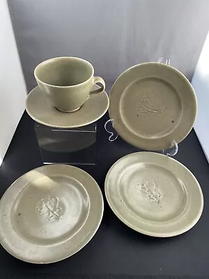 Buy Three Oak Leaf Plates Decorated By Bernard Leach And A Cup And Saucer C1940-50 • 375£