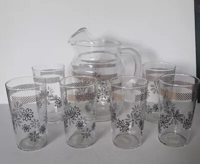 Buy Astra Glassware Water Jug And 6 Glasses Black Flowers And Gold Trim Made In USA  • 25£