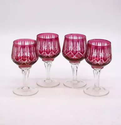 Buy WINE GLASSES Cranberry Coloured Cut To Clear Hand Blown Crystal Glass 4 Red • 11£