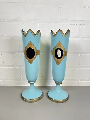Buy Pair Antique Glass Opaline Blue Gold Cameo Moser Vases Bohemian 13” • 285£