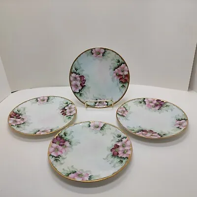 Buy Vintage Set 4 Silesia Plates 7.5  Pink Flowers Gold Hand Painted By M,E.M,.CABE. • 37.64£