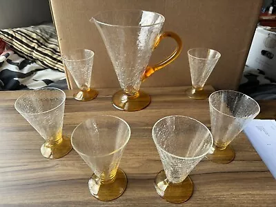 Buy Vintage Crackled Design Glass Jug & 6 Glasses Amber Colour Lemonade Set Stunning • 39.99£