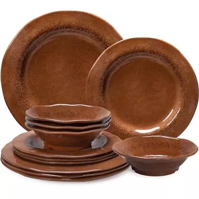 Buy Dishes Melamine Dinnerware Sets, 12 Piece Plates And Bowls Sets For 4, Brown • 55.42£
