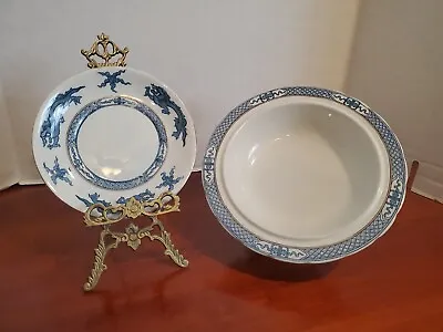 Buy Antique Chinese Blue And White Dragon Wilton Ware China Saucer & Serving Bowl • 14.21£
