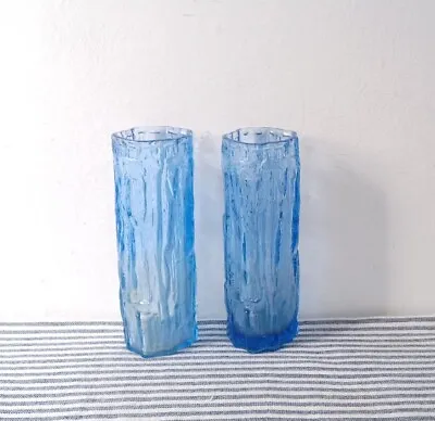 Buy Mid Century Pair Of Ravenshead Pale Blue Bark Glass Bud Vases Whitefriars Style • 29.99£