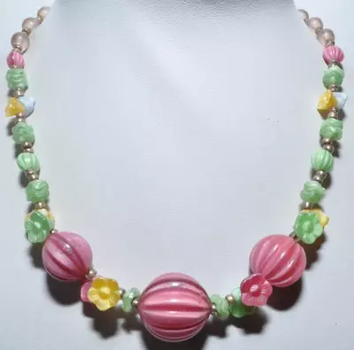 Buy Vintage Art Deco Pink Melon Bead Multicolour Czech Satin Glass Flower Necklace • 24.99£