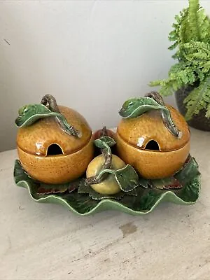 Buy Antique Majolica Pottery Double Jam Pot With Orange Apple And Leaf • 45£