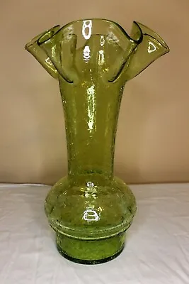 Buy Large VTG Light Green Hand Blown Art Glass Crackle Vase Ruffled Rim 15.25  Tall • 39.91£