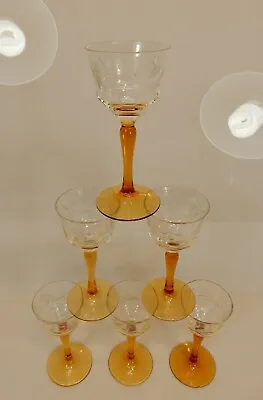 Buy 6 Liqueur Glasses LAUSCHA Stem Glass Gold Brown Smoke Glass Cut Art Nouveau • 43.44£