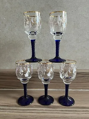 Buy Cobalt Blue & Gold Bohemian Crystal Sherry Glasses With White Flowers - Set Of 5 • 50£